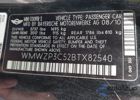 2011 Mini Cooper S from USA, damaged, VIN WMWZP3C52BTX82540